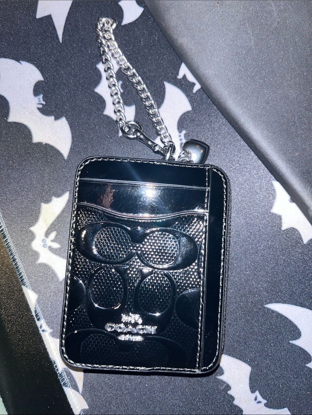 Coach Black Patent Leather Card Case with Chain Charm